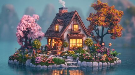 Cute, homie-style house sitting on a tiny island with trees and flowers. Cozy atmosphere with a warm light coming from the windows.