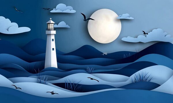 A paper-cut illustration of a white lighthouse standing tall against a blue background with a large moon and clouds, amidst rolling hills and birds flying overhead.