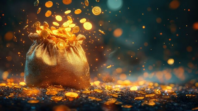 Digital artwork of a money bag raining gold coins, bright and vivid against a dark background, highlighting wealth and financial success