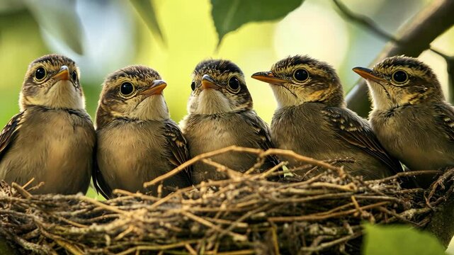 Five baby birds huddle together in their nest, waiting for their parents to return with food