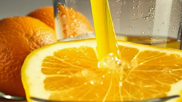 delightful background video features composition fresh oranges being cut juice pouring glass slowmotion 4K footage showcases vibrant color refreshing essence morning drink perfect foodrelated