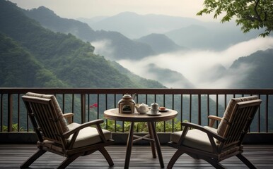 Fototapeta premium Two chairs and a table on a mountaintop deck overlooking
