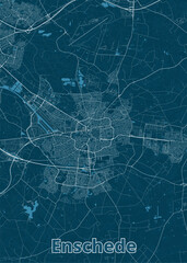 A detailed map of Enschede, Netherlands, rendered in a minimalist style. The map features a dark teal background with white lines representing roads and waterways.