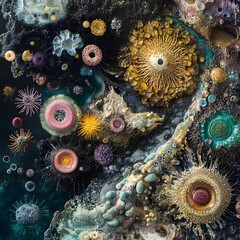 Enchanting Microscopic Collage of Colorful Bacterial Colonies in a Surreal Cellular Universe