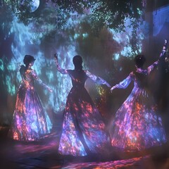 Fototapeta premium Futuristic Holographic Supernatural Halloween Masquerade with Ethereal Figures in Elegant Flowing Attire