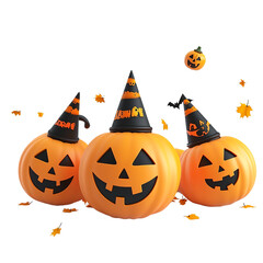Spooky Halloween Pumpkins with Witch Hats and Autumn Leaves