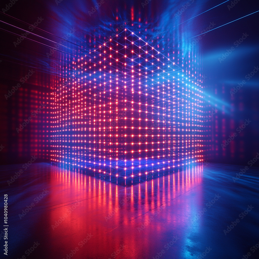 Poster intense red and blue laser grid lights form mesmerizing 3d cube, creating vibrant and dynamic atmosp