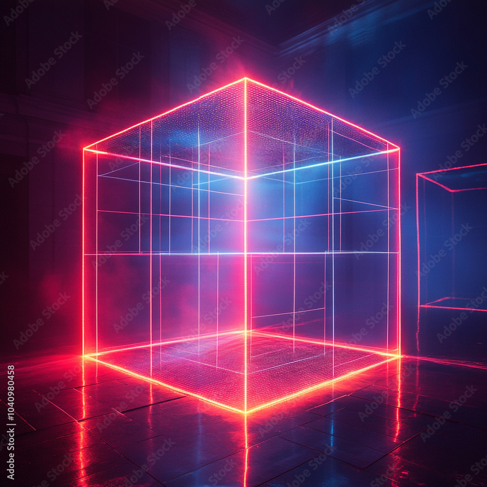 Aufkleber a mesmerizing display of laser grid lights forms 3d cube, radiating intense red and blue hues. vibra