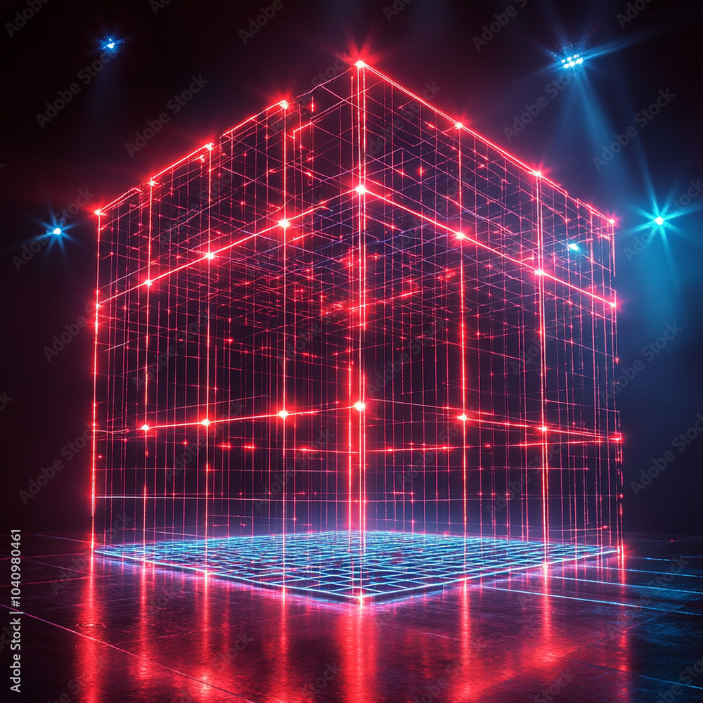 Aufkleber a stunning display of laser grid lights forms captivating 3d cube, radiating intense red and blue hu