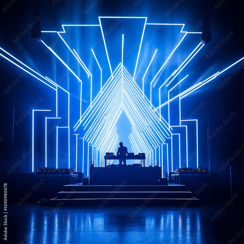 Aufkleber a dj performs on stage with vibrant blue laser lights creating an interlocking pattern, enhancing en