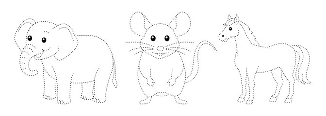 Obraz premium Animal Tracing Line for Worksheet, Elephant, Mouse and Horse Tracing Line