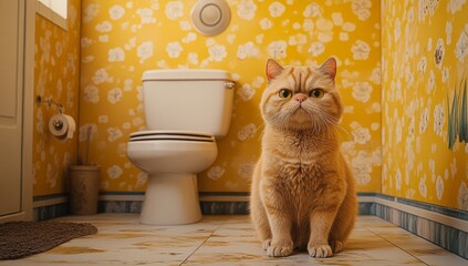 A ginger cat sits in a bathroom with a toilet and yellow floral patterned wallpaper.