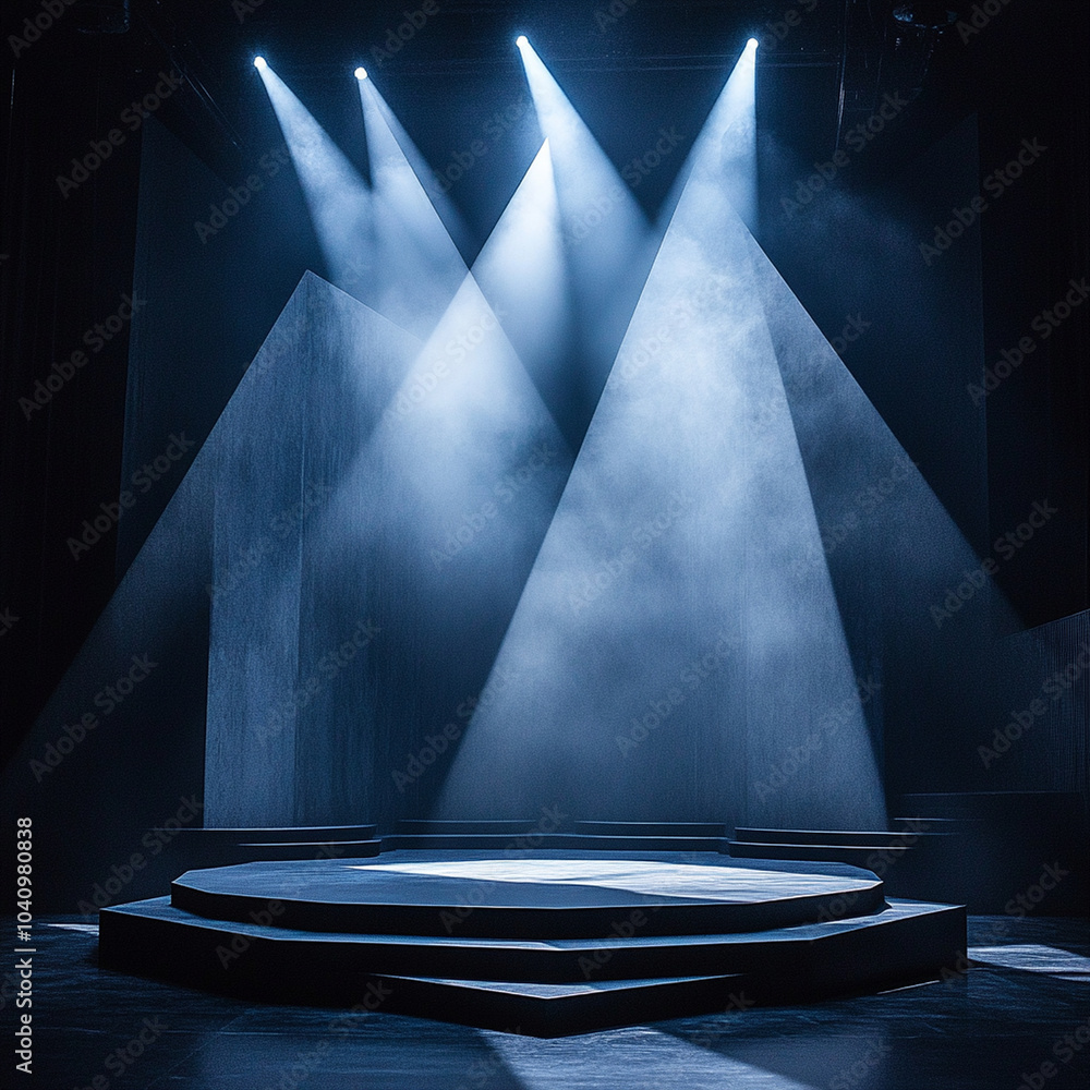 Poster a dramatic stage setting with spotlights creating geometric shapes and shadows, enhancing atmosphere