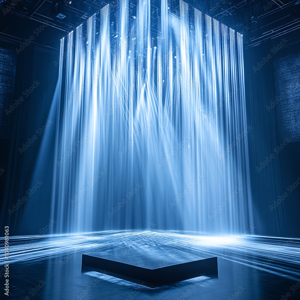 Poster a stunning stage design featuring cascade of vertical and diagonal light beams, creating mesmerizing
