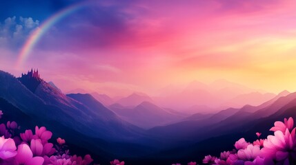 Vintage-style painting of a pink castle on a mountain, surrounded by delicate flowers and a faint rainbow in the distance, Nostalgic, Watercolor, Soft tones, Dreamlike