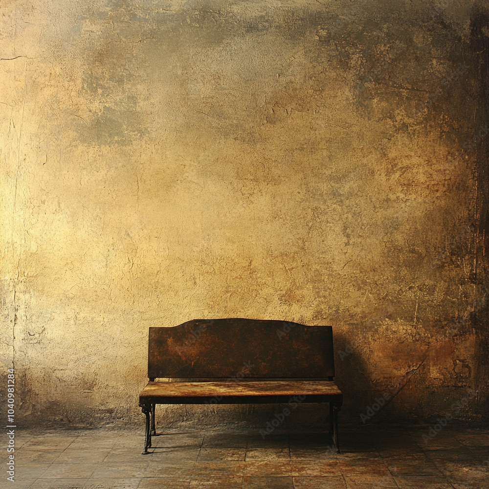 Poster a rustic bench sits against warm sepia toned textured backdrop, creating serene and inviting atmosph
