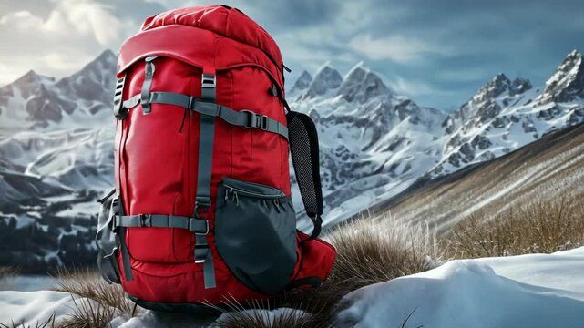 A red backpack sits in the snow with a snowy mountain range in the background