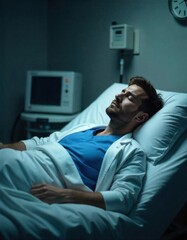Fototapeta premium Exhausted doctor sleeping in hospital bed after work shift