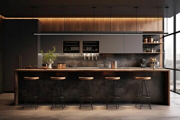 Modern kitchen island with bar stools.