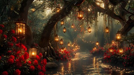 Enchanted Forest Path With Glowing Lanterns