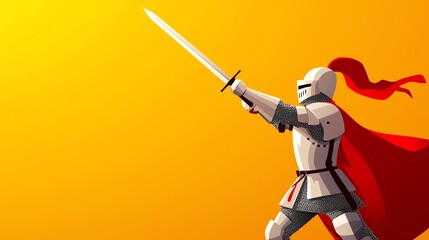 A heroic knight in armor brandishing a sword, set against a vibrant orange backdrop.