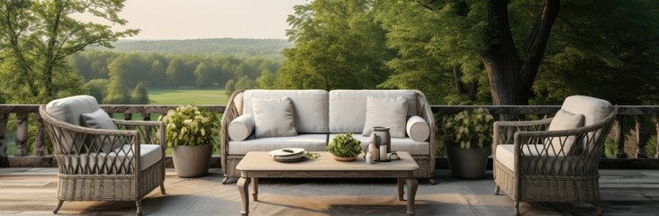 Wicker furniture on a balcony overlooking a forest.