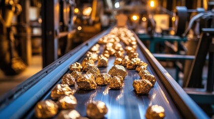 Golden Nuggets on Industrial Conveyor Belt