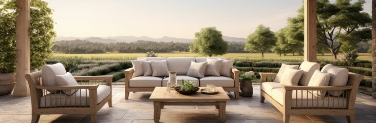 Wooden patio furniture with a scenic view.