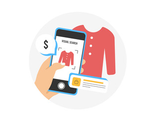 Visual Search Optimization for eCommerce. Enhance product discovery with visual search technology. User snapping product photo for search results vector illustration isolated on white background