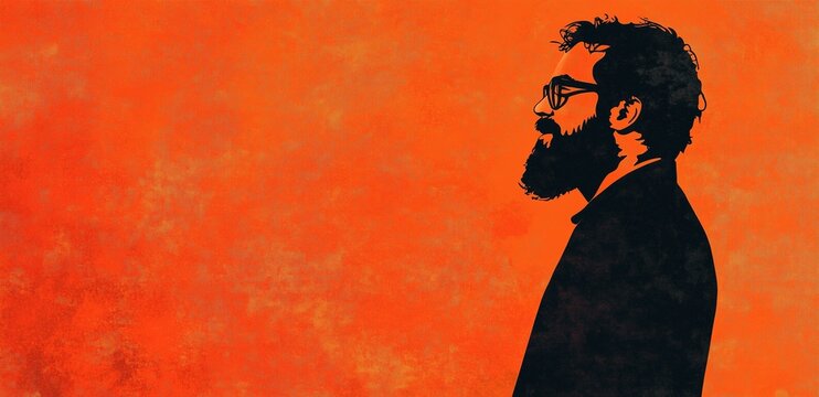 Horizontal banner with free space for text, vintage postcard, International Men's Day, IMD,  silhouette of an adult bearded man in a glasses. Orange background