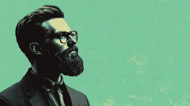 Horizontal banner with free space for text, vintage postcard, International Men's Day, IMD,  silhouette of an adult bearded man in a glasses. Light green background
