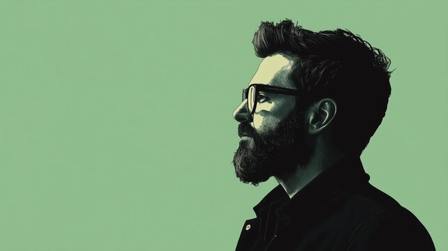 Horizontal banner with free space for text, vintage postcard, International Men's Day, IMD,  silhouette of an adult bearded man in a glasses. Light green background