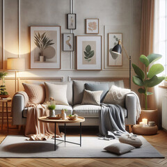 A stylish living room with a grey sofa, adorned with colorful throw pillows, a gallery wall of framed prints, and a large floor lamp