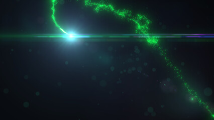 Green Wavy Lines of Light with Turbulence Particles and Lens Flare, Widescreen 4K Resolution