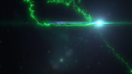 Green Wavy Lines of Light with Turbulence Particles and Lens Flare, Widescreen 4K Resolution