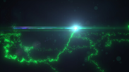 Green Wavy Lines of Light with Turbulence Particles and Lens Flare, Widescreen 4K Resolution