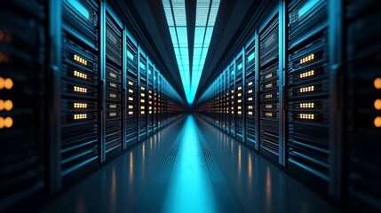 Secure Server Room Illuminated in Blue Light Symbolizing Data Privacy and Protection