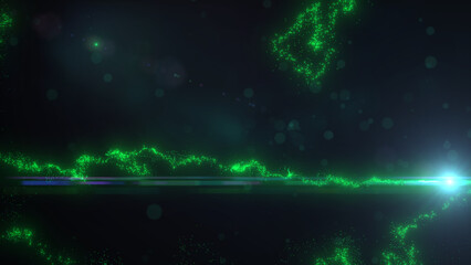 Green Wavy Lines of Light with Turbulence Particles and Lens Flare, Widescreen 4K Resolution