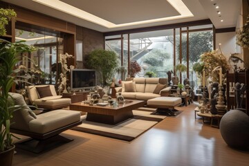 Fototapeta premium Modern living room with beige couch, ottoman, and coffee table.