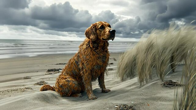 A wet golden retriever sits on a sandy beach, with tall grass in the foreground and a cloudy sky overhead