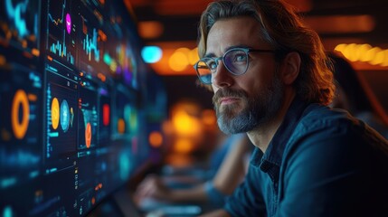 Focused professional analyzing data on digital screens.