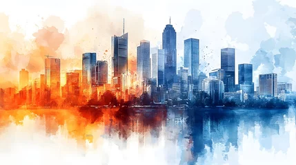Panoramic view of a bustling city skyline, watercolor hues of blue and orange, street art sprawled across skyscrapers, merging modern architecture with urban creativity