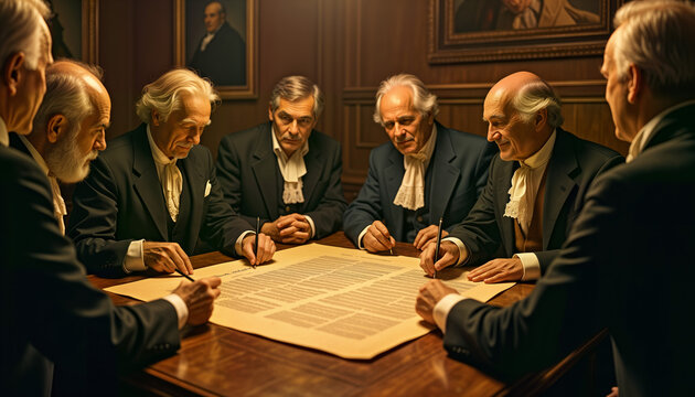 A gathering of the Founding Fathers in a historic hall, discussing and signing the Declaration of Independence. For themes of history, independence, and nation-building