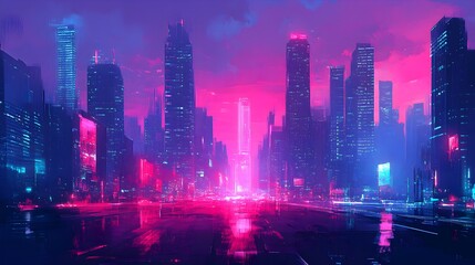 Obraz premium Retro futuristic urban street scene, towering skyscrapers with neon lights, vibrant street art adorning walls, blending classic and modern city life