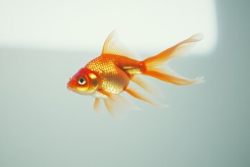 A single goldfish swims in a tank with a white background, its orange scales shimmering.