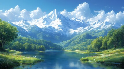 Fototapeta premium A serene mountain lake with snow-capped peaks in the background, surrounded by lush greenery and a blue sky with fluffy white clouds.