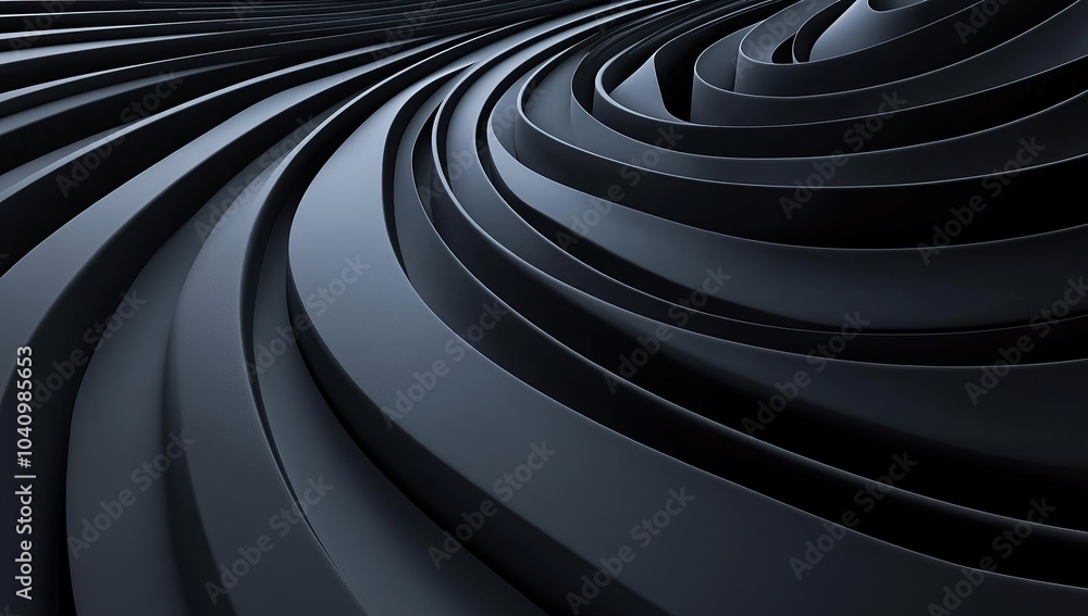 Poster abstract background with dark gray lines in the shape of a spiral and curved arches on a black surfa