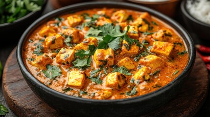 A delicious bowl of paneer curry garnished with fresh herbs.