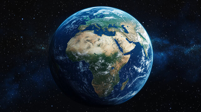 Zoomed out view from space shot of Earth world globe focus on continent of Africa starts cosmos.