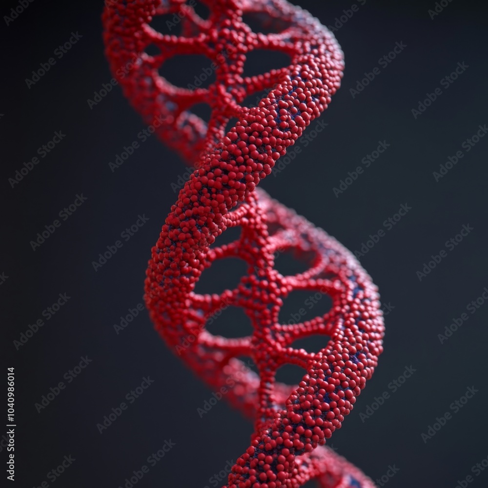 Poster a 3d rendering of a red dna helix against a dark background. (1)